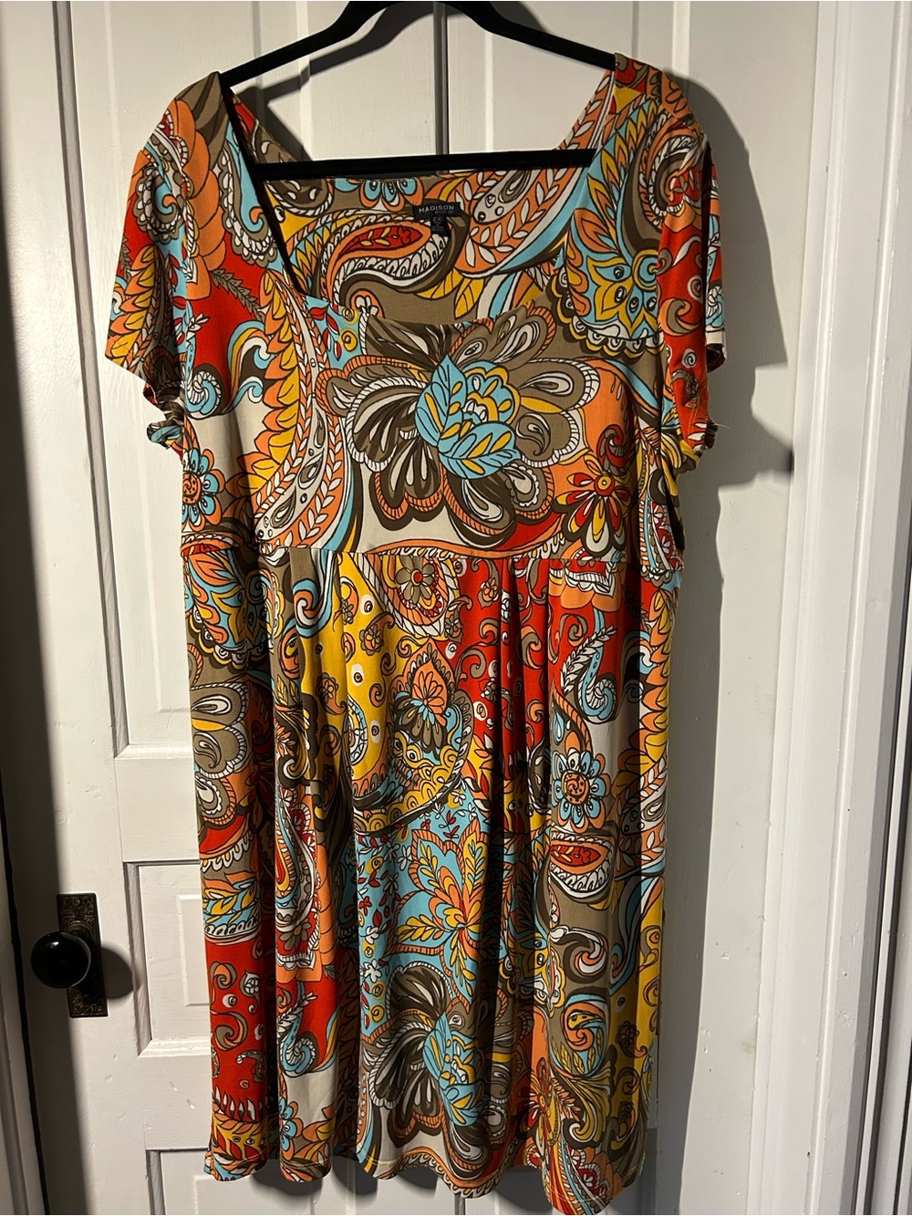 Madison Multicolor Paisley Scoop-Neck Top in Yellow, Orange, Blue - Picture 2 of 7
